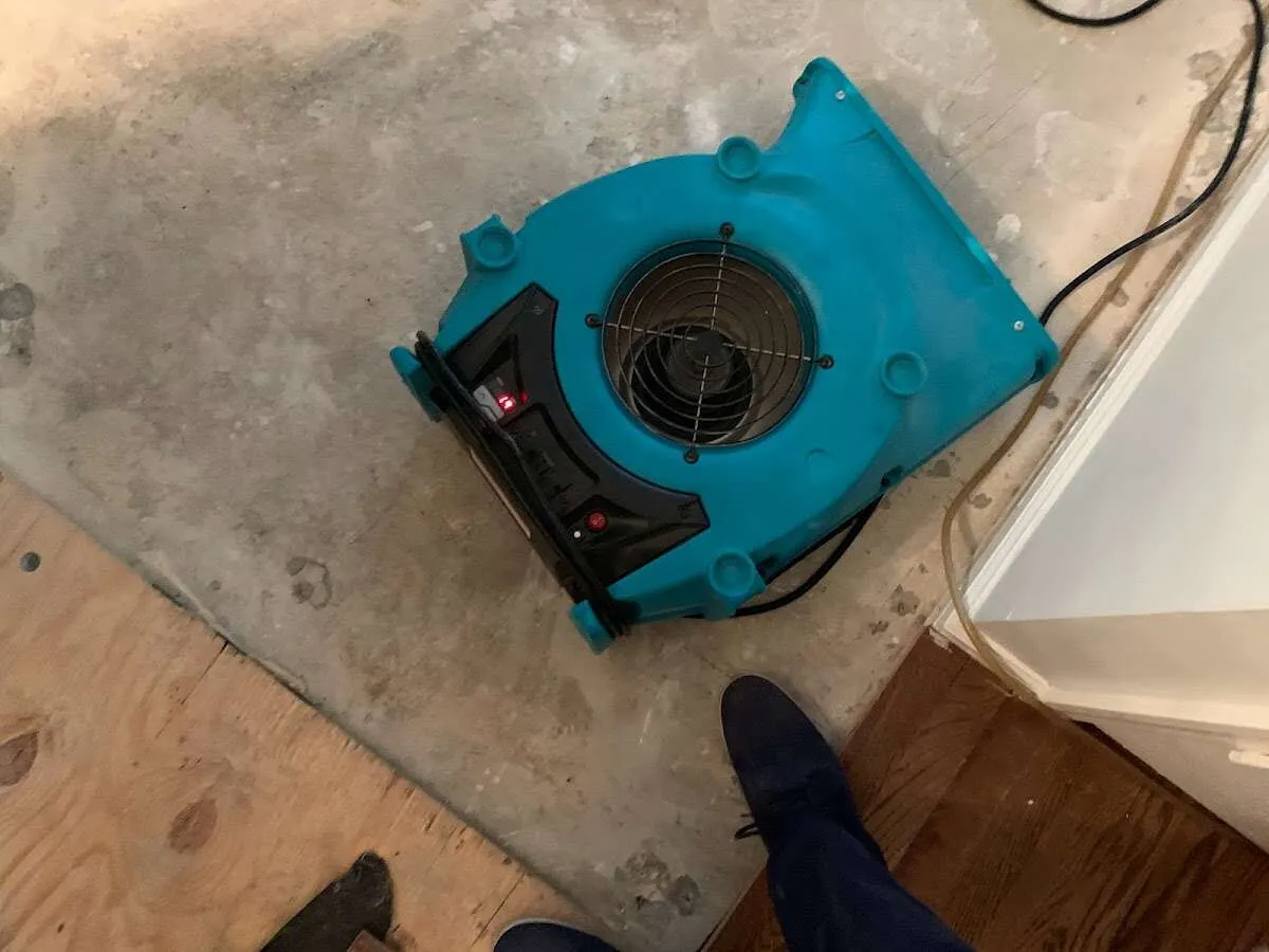Air mover drying subfloor during Leak Detection & Repair in Manistee